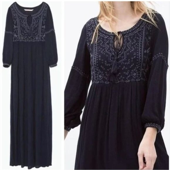 Zara | Dresses | Zara Navy Blue Embroidered Long Maxi Dress | Poshmark